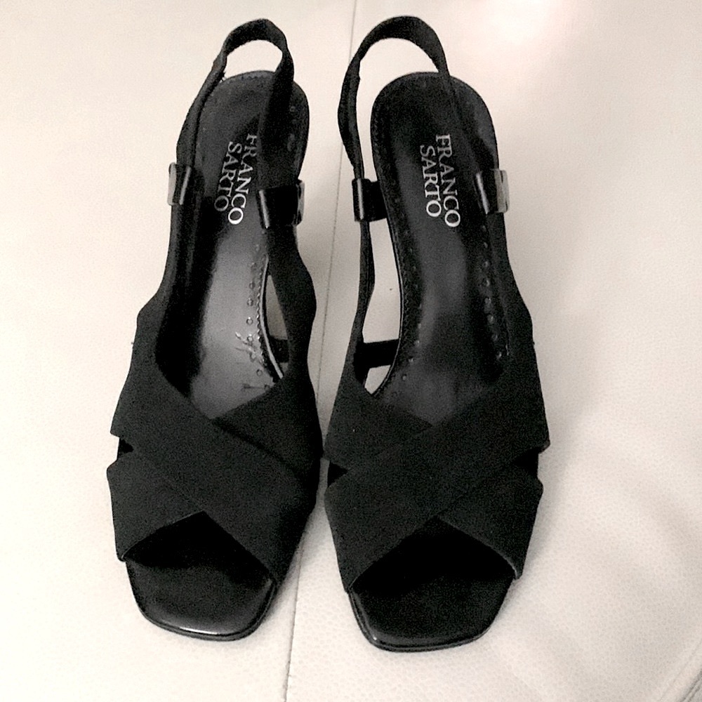 Franco Sarto Haste Slingback Heels 7 1/2 Black Block Sandals Career Evening